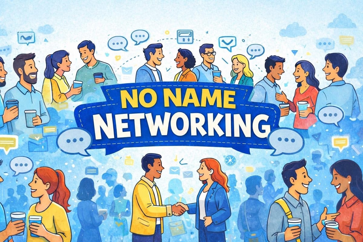 Illustration of local business people talking over coffee and shaking hands around the No Name Networking banner